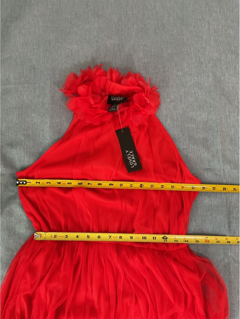 Lovely Grace Red Floral Neck Pleated Tulle Midi Dress NWT Size L - Picture 6 of 7